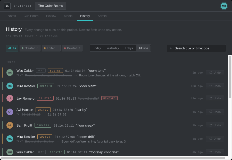 The Spotsheet per-project history: who created, edited, or deleted each cue, attributed by name and time, every action undoable