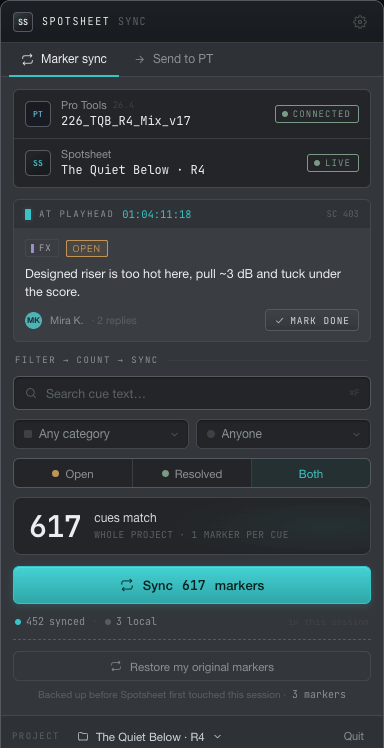 The Spotsheet Sync desktop helper: Pro Tools connected, Spotsheet live, the cue at the playhead, and one click to sync cues to Pro Tools markers with a non-destructive restore